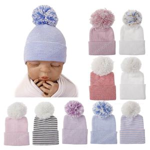10 Styles Double Thickening Newborn Striped Hats for Winter Cotton Warm Crochet Beanies Cap Infant Fur Ball Hat Baby Knit Caps