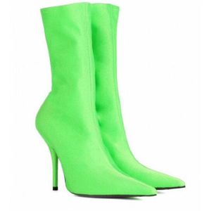 Hot Sale- Pointed Toe Fluorescent Green Stretch Women Ankle Boots Sexy Stiletto Elastic Booties High Heels Shoes Woman