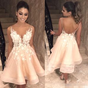 Sexy Backless Champagne Party Dresses V Sheer Neck Straps 3D Floral Applique Cocktail Eevning Dress Homecoming Formal Wear Custom 257y