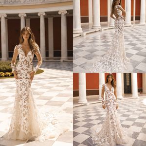 Berta Mermaid 2019 Long Sleeve Wedding Dresses Sexy Illusion Lace Applique Backless vestidos de noiva Wedding Dress Bridal Gowns