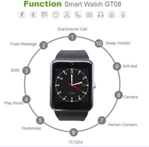 GT08 Smart Watch Touch Screen SmartWatch Sport Pedometer Fitness Tracker Android Call Phone SIM-kort Slot Tryck Meddelande med Paket 2020