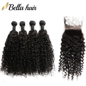 Malaysiska hårbuntar med spetslåsning Curly Wave Human Virgin Hair Weave Natural Color 5PC / Lot 8-34 tum Gratis del