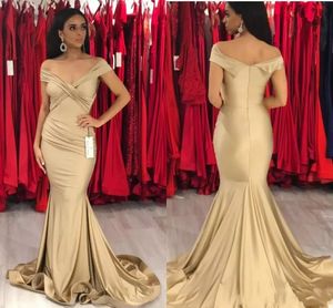 2019 Tanie Syrenki Suknie Wieczorowe Elastyczne Satin Off Ramię Backless Sweep Pociąg Plus Size Arabskie Formalne Prom Dresses Party Suknie Niestandardowe