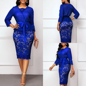 2020 Royal Sheath Blue Matka panny Młodej Sukienki Satynowe Koronki Tulle Plus Size Gościnna Ślubna Długie Rękaw Długie Suknie Wieczorowe