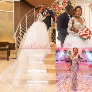 Exquisite Mermaid Nigerian Long Sleeve Sheer Wedding Dresses With Detachable Skirt Lace African Country Lace Bride Dress Bridal Gown