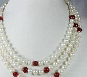 Exquisite 3Rows 7-8mm Weiß Akoya Perle und roter Rubin Halskette 17-19 ‚‘