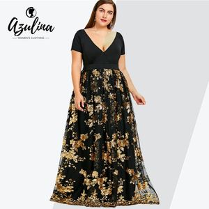 Rosegal Plus Size Floral Lantejoulas Maxi Vestido Mulheres Deep V Neck Manga Curta Senhoras Vestidos Elegant Noite Party Vestidos Vestido T5190613