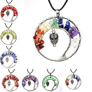 Mode kvinnor Rainbow 7 Chakra Tree of Life Pendant Necklace Quartz Owl Multicolor Natural Stone Wisdom Halsband smycken