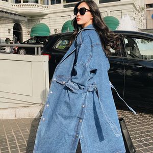 Wholesale-New Arrival Trench Coat Women Loose Denim Trench Coat Female Single-breasted Long Jeans Outwears