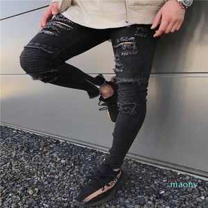 Оптово-мужская мода Microbrob Slim Mothercycle джинсы хип-хоп Мужчины промытые порванные джинсы молнии дизайнер черный джинс XM01