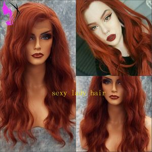 Mão amarrada de alta temperatura fibra cabelo perucas longas wig wig wig auburn cobre vermelho sintético peruca dianteira de renda sintética