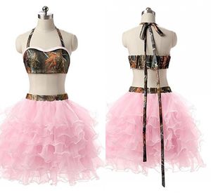 Vestido camo rosa vestidos de casa barato 2019 com ruffles halter backless 2 peça vestido de formatura curto vestidos de baile feitos personalizados