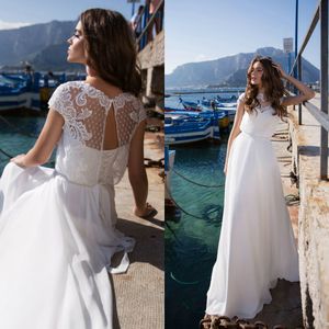 Lussanobrydal Beach Suknie ślubne Jewel Neck Neck Bez Rękawów Szyfonowa Suknie Ślubne Lace Wracać Wróć Boho Plus Size Sukienka ślubna Vestido de Novia