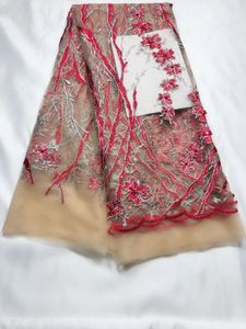 5 Metros / pc Maravilhoso bege tecido de renda líquida francês com contas e flor vermelha bordado africano malha rendas para o vestido QN4-1