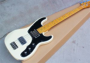 Factory Direct White Electric Bass Guitar z czarnym pickguard, żółtą kłębodę, 4 ciągi, sprzęt chromowany, może być niestandardowy.
