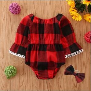 Barnkläder Babyflickor Lattice Jumpsuits Headband Kläder Satser Barn Långärmad Bulb Edge Rompers Black Red Gitter Onesies Passar Zyq487