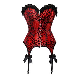 Mulheres Burlesque Black Lace Ruffle Trim Vermelho Jacquard Plástico Desossado Overbust Corset Bustier Com Garters and Bows Plus Size S-6XL