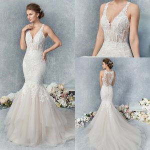 Hot Sell Mermaid Kenneth Winston Wedding Dresses V Neck Sleeveless Tulle Lace Applique Button Wedding Gown Sweep Train robe de mariée