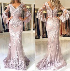 Sexy V Neck Lace Mermaid Prom Dresses Long Sleeves Tulle Applique Sweep Train Formal Party Evening Gowns With Buttons Elegant Dresses Wear