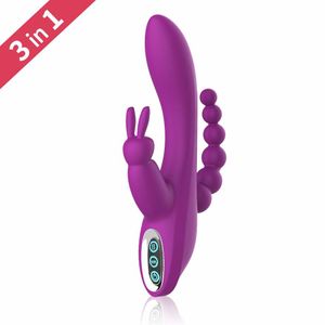 Vibratore del coniglio Punto G Vibratore anale Tripla curva 12 Funzione Stimolatore clitorideo Vibratore impermeabile del dildo per le coppie delle donne Y200410