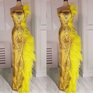 Sereia glamourosa vestidos de baile amarelos penas lantejoulas apliques sem alças até o chão longos vestidos de noite roupa formal