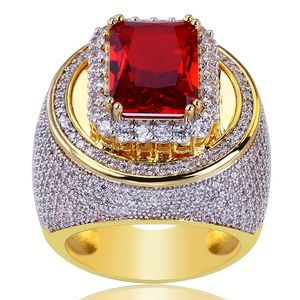 Large Red Rhinestone Ring Puffed Marine Micro Bling Cubic Zirconia Luxury Fashion Hiphop Rock Jewelry Gift Z3C175