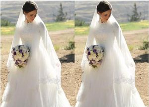2.016 muçulmanos vestidos de noiva alta Neck mangas meia apliques Satin Tulle Andar de comprimento casamento Modest vestidos de noiva Vestidos Zipper Up