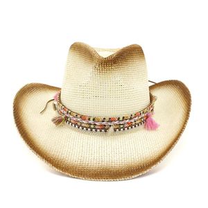 Brun spray färg etniska band dekor kvinnor panama stil hatt bred stor brim visor kepsar sommar cowboy strå hatt för unisex