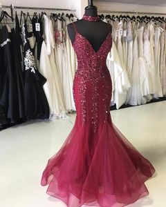 2020 Real Prov Luxury Heavy Beaded Afton Dresses Spaghetti Straps Mermaid Long Burgundy Lace och Tulle Formal Aftonklänningar