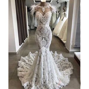 Ince Mermaid Gelinlik Illusion Tam Dantel Sheer Jewel Boyun Vestido De Noiva Kürk Kolsuz Gelin Törenlerinde Sweep Tren Gelinlik