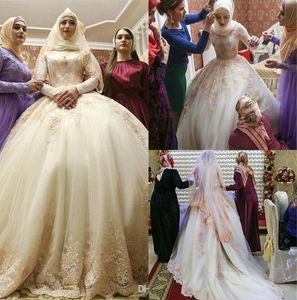 Modest Muslim Långärmade Bröllopsklänningar 2019 Bollklänning Islam Brudklänningar Skräddarsydd Bröllopsklänning med Petticoat