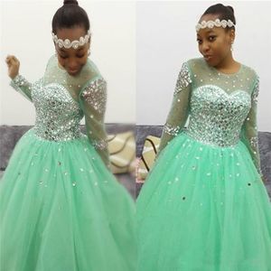 Senaste Ankomst Mint Green African Prom Klänningar Tulle Crew Neck Crystal Beaded Corset Back Long Sleeve Evening Party Gowns