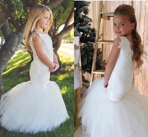甘い白いアップリケのビーズマーメイドの花の女の子のドレスのためのウェディングジュエルvの背中のチュールの女の子ページェントドレスリトルガール誕生日のドレス