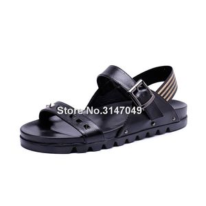 Gladiator Rivets Mens Sandals Hollow Breathable Beach Shoes Flat Comfortable Men Fashion Buckle Strap Genuine Leather Sandals
