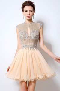 Sexy Charming Short Prom Dress Beading A Line Chiffon O Neck Backless Party Cocktail Gown Crystal Sleeveless Mini In Stock LX012