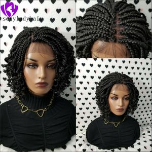 200density full short Braided Wigs Box Braids Wigs For Black Women Lace Front Braid Wig Curly 14inch Black/ Brown With Body Hair