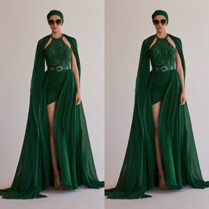 Elie Saab Vestidos de noite verde escuro com capuz Sweep Trem Ruched Formal Vestidos de baile Lantejoulas Vestido de celebridades robes de soirée