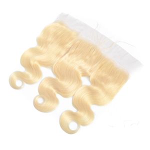 Indian Raw Virgin Hair 13x4 Spets Front med Pre Pluced Body Wave 613# Top Stängningar 613# Blond 13 By 4 Frontals