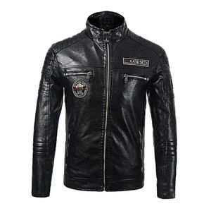 Fashion-PU Leather Mens Biker Jackets Stand Collar Long Sleeve Thick Designer Mens Leather Jacket Autumn Mens Printed Coats