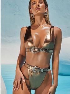 Top billige geteilte Damen-Bademode für Damen, sexy Hot-Bikini-Set mit goldenem Gürtel, hohe Taille, Leopardenmuster, Panel, Flash-Stoff, Damen, flexibel, stilvoll