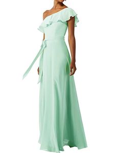 En axel a-line brudtärna klänning ärmlös golv längd ruffled chiffong bröllop gust klänning med sash