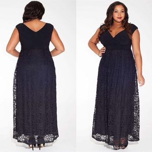 Top Fashion Plus Size Black Lace Prom Dress A Line Ankle Length V-Neck Hollow Capped Evening Gowns Prom Dresses SD3352