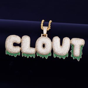 Benutzerdefinierter Name Herren-Halskette mit grünen Tropfen-Blase-Buchstaben-Anhängern, Ice-Out-Kubikzirkon mit Gold-Silber-4-mm-Tenniskette als Geschenk