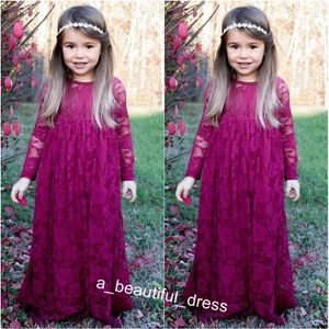 Nowy Vintage Burgundia Długie Kwiat Dziewczyny Suknie Dziewczyny Koranki Suknie Koronki Długie Rękawy Boho Formalne Suknie Dla Małe Dziewczynki FG1244