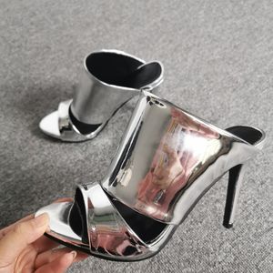 rontic women shiny mules sexy sexy stiletto heels 간결한 샌들 니스 오픈 발가락 화려한 파티 신발 여성 미국 플러스 사이즈 5-15