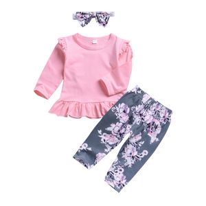 Baby flicka kläder rosa ruffle tjejer t-shirt blommiga byxor huvudband 3st sätter långärmad toddler flicka outfits sommar baby kläder dhw3700
