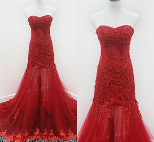 Mermaid Seksi Kırmızı Elbiseler Akşam Aşınma 2019 Çiçek Aplike Boncuklu Pullu Straplez Backless Özel Durum Kadınlar Örgün Balo Elbise