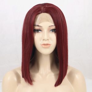 Sexig Cosplay Party Short Bob Style Middle Parting Silky Rak Burgundy Syntetisk WIG värmebeständig spetsfront peruker för svarta kvinnor