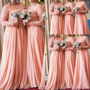 저렴한 아라비아 핑크 신부 들러리 드레스 보석 목 레이스 아플리크 긴 슬리브 쉬폰 바닥 길이의 하녀 공식 웨딩 게스트 가운 403