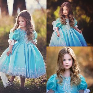 Blue Princess Ball Gowns For Wedding Crystal Jewel Neck Short Sleeves Flower Girls Dresses Lace Applique Ankle Length Baby Pageant Dress